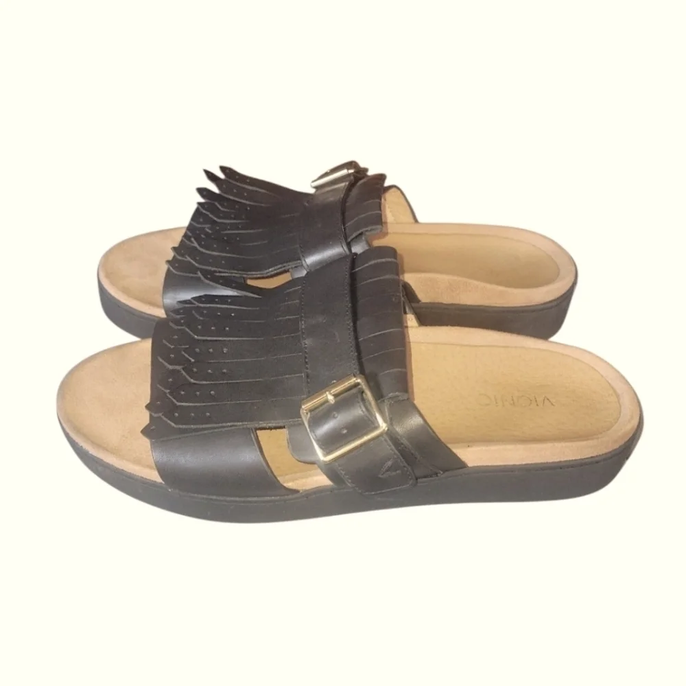 Vionic Women's Splendid Filmore Black Kilte Fringe Slide Sandals Sz 10
